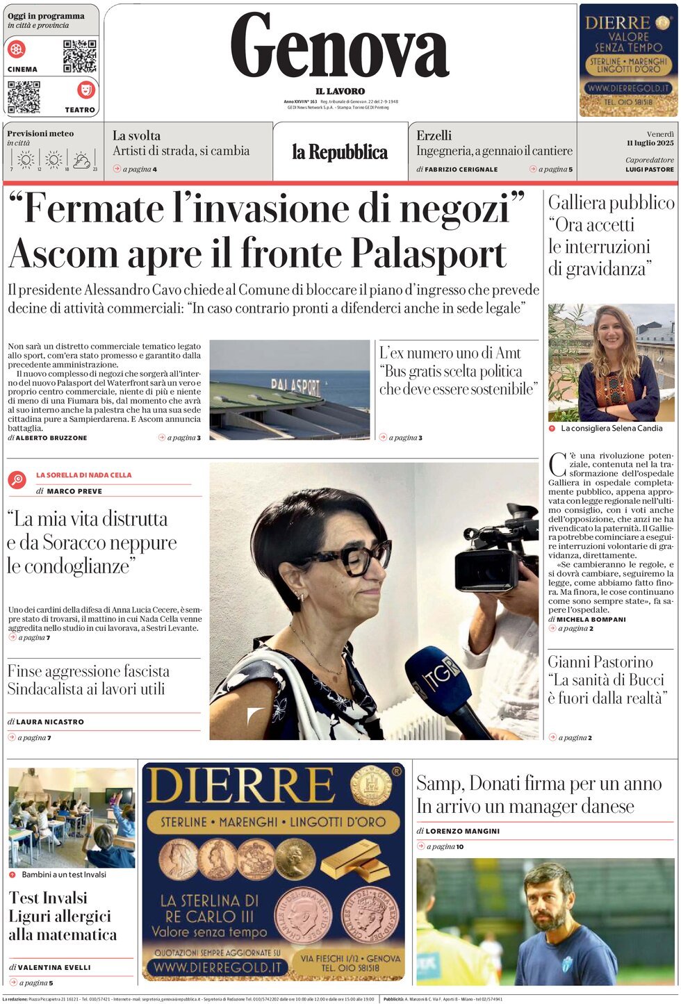 Prima Pagina La Repubblica (Genova) 11/07/2025