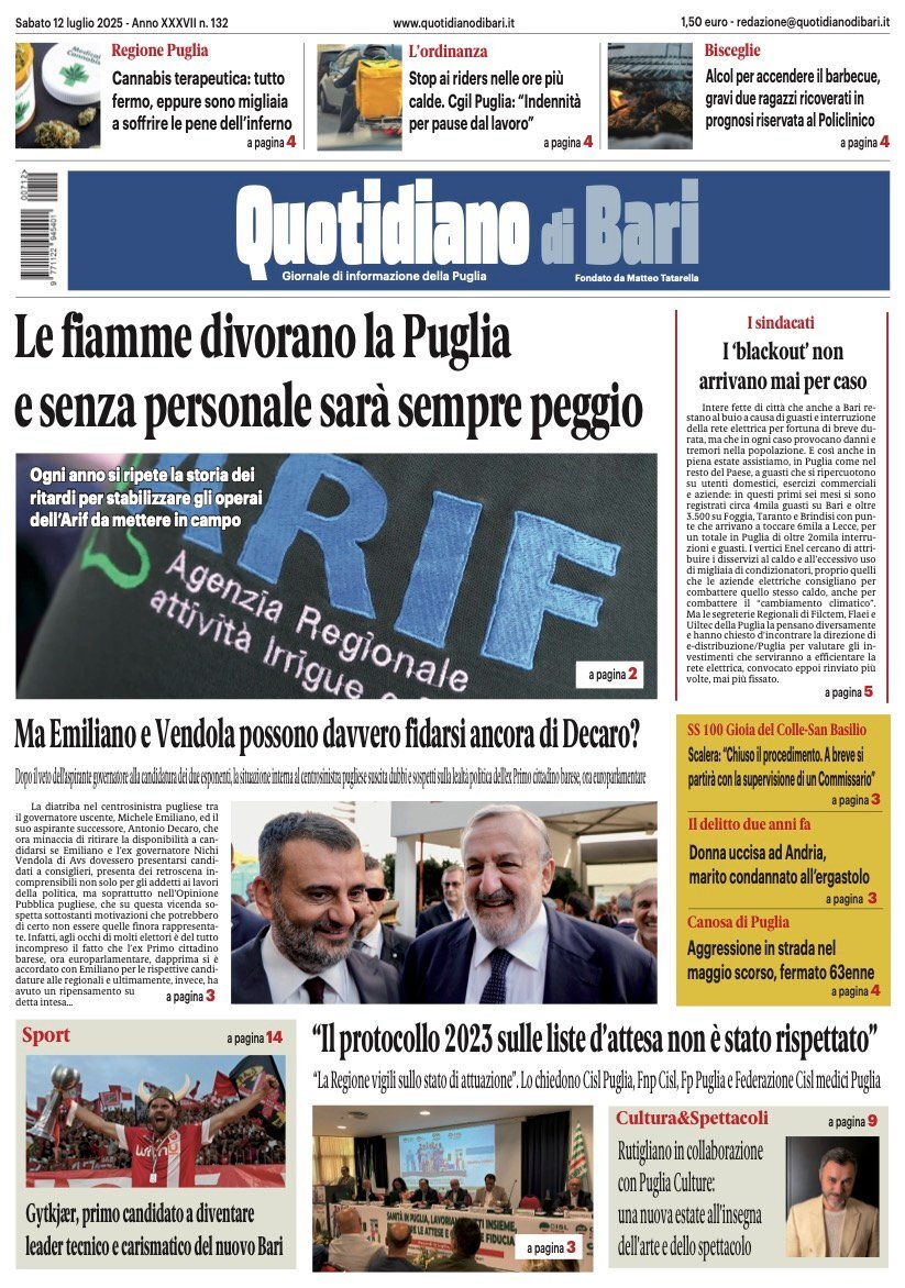 Prima Pagina Quotidiano di Bari 12/07/2025