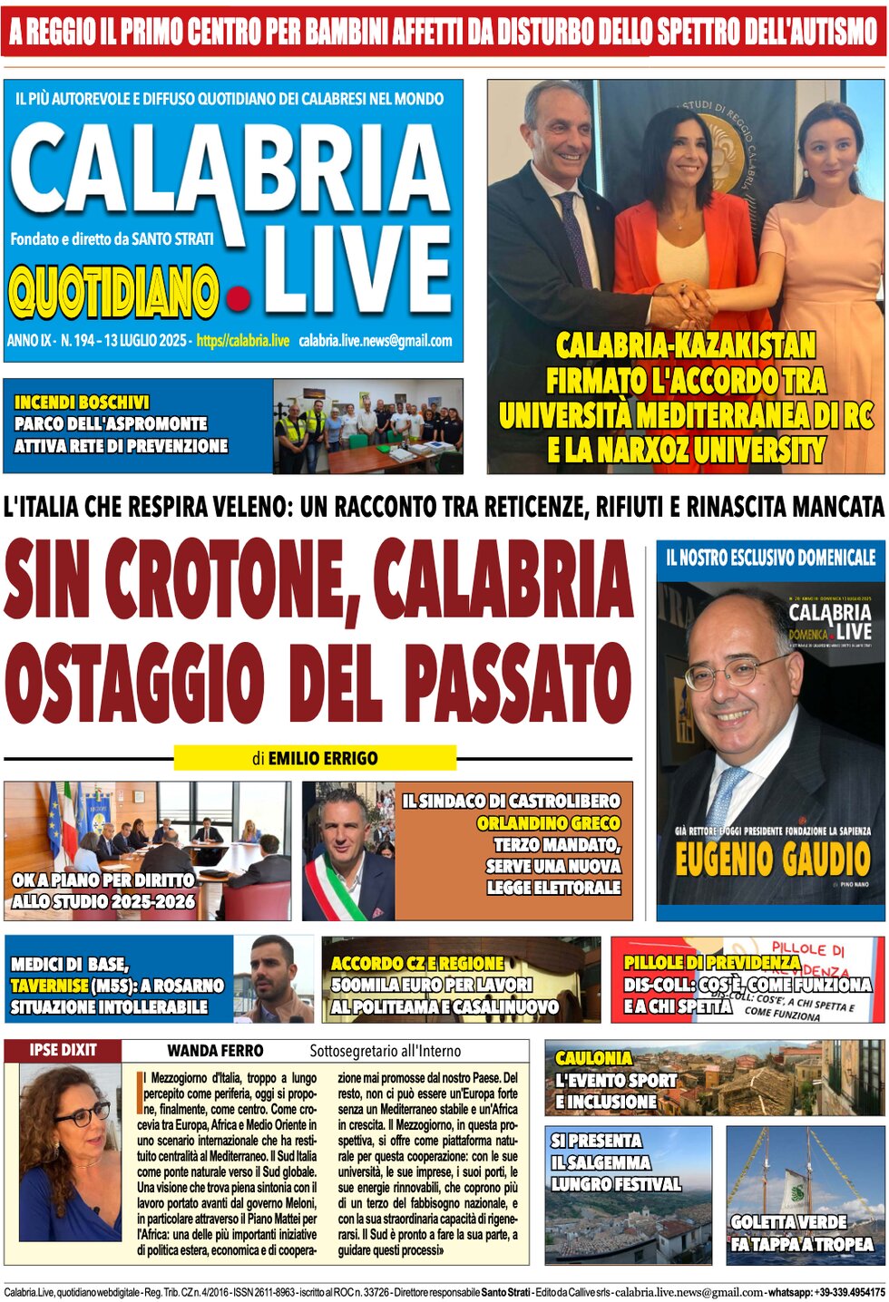Prima Pagina Calabria Live 13/07/2025