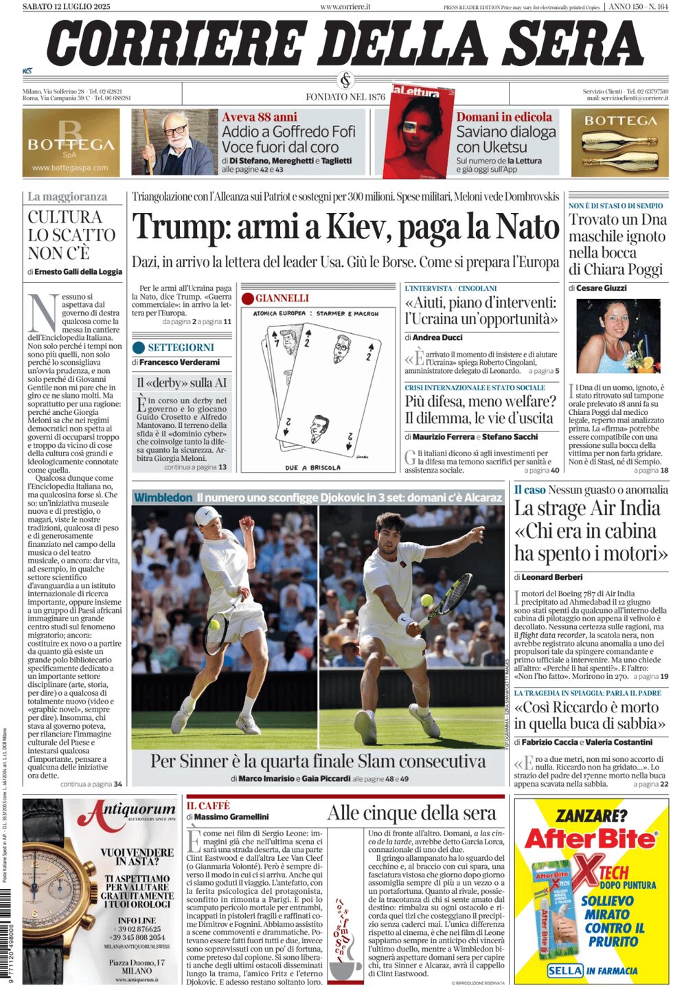 Prima Pagina Corriere della Sera 12/07/2025