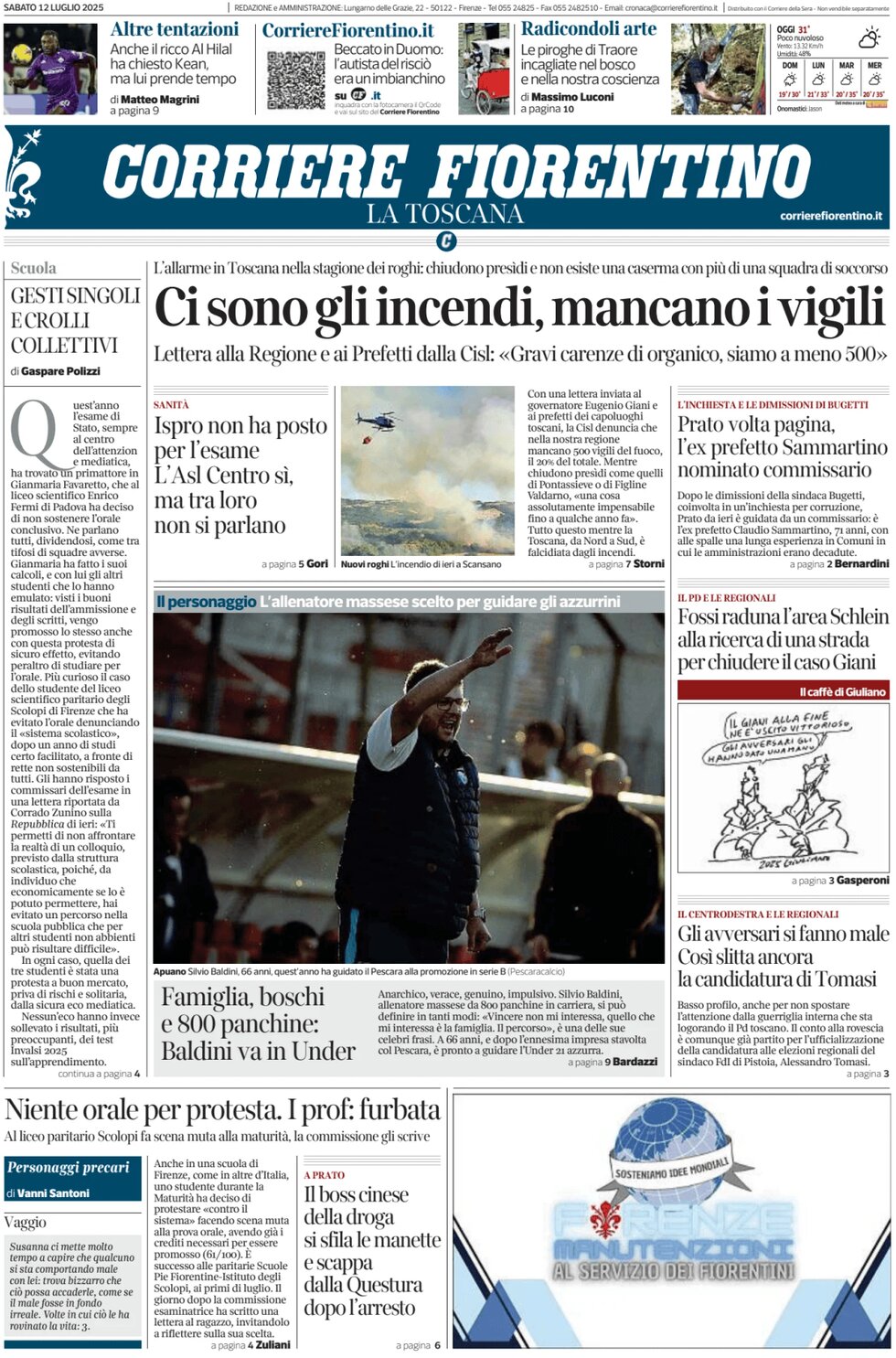 Prima Pagina Corriere Fiorentino 12/07/2025
