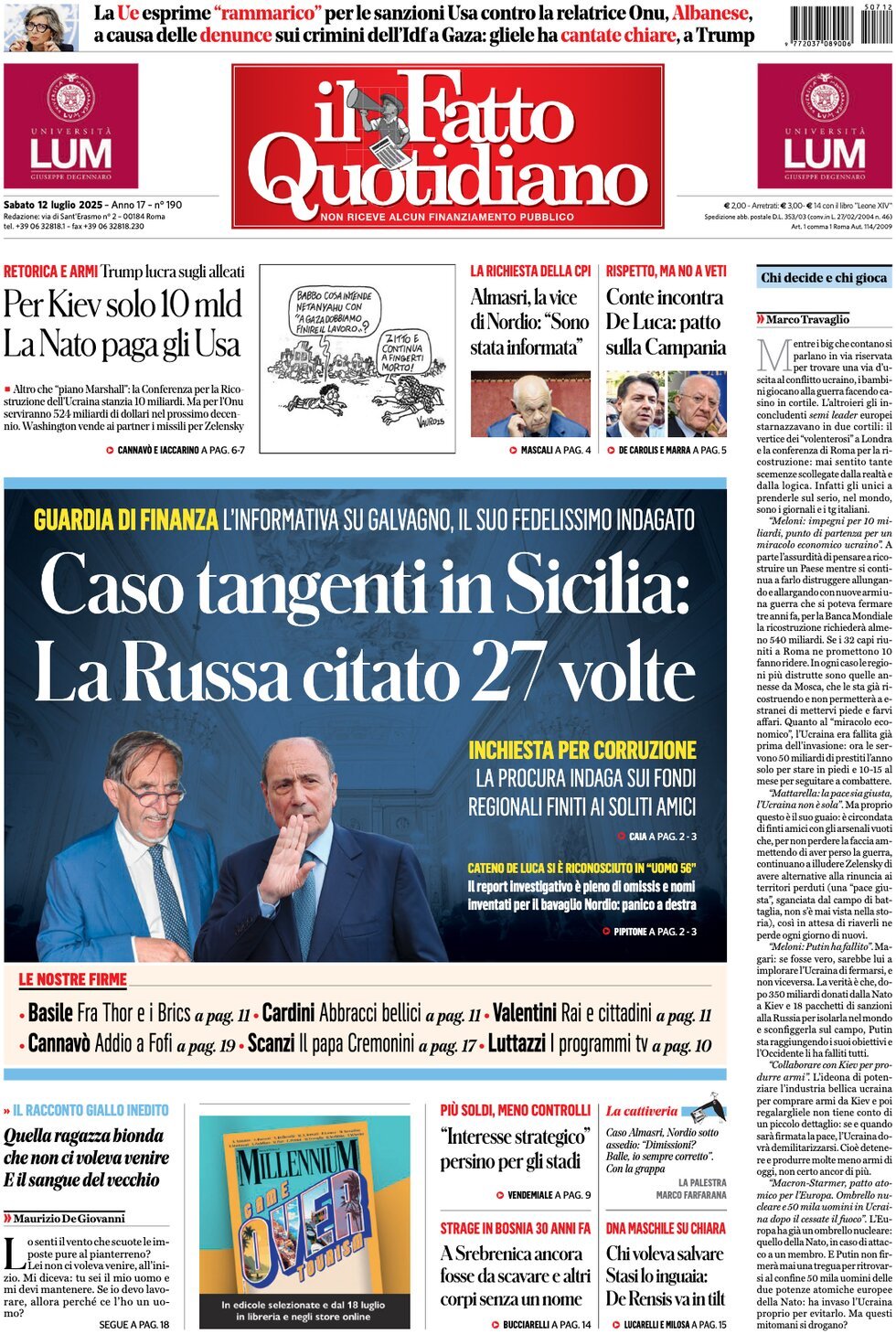 Prima Pagina Il Fatto Quotidiano 12/07/2025