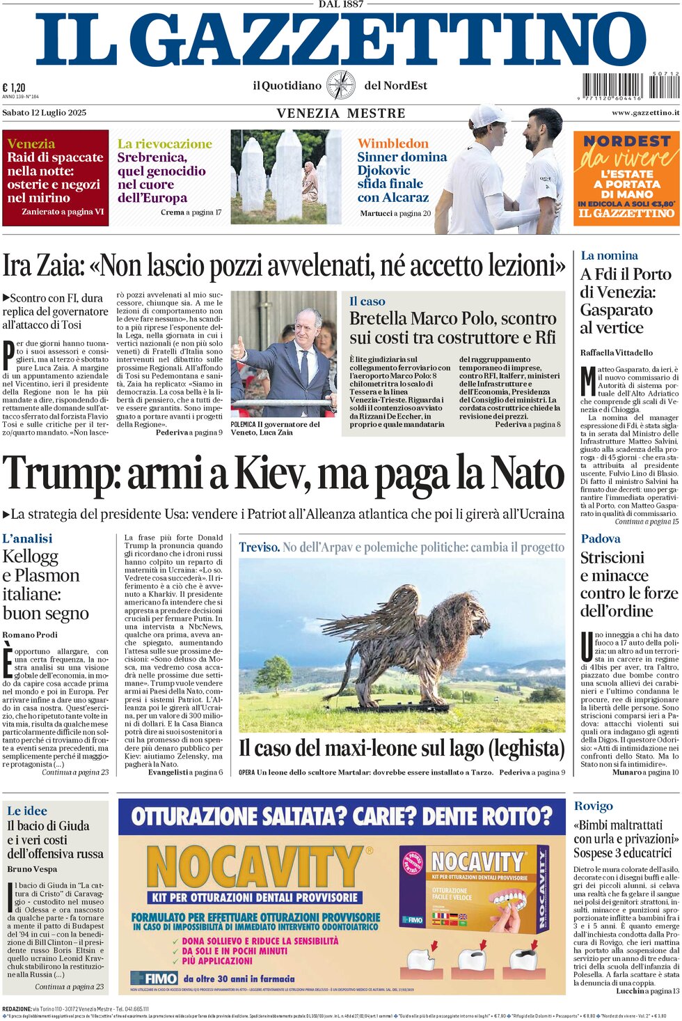 Prima Pagina Il Gazzettino 12/07/2025