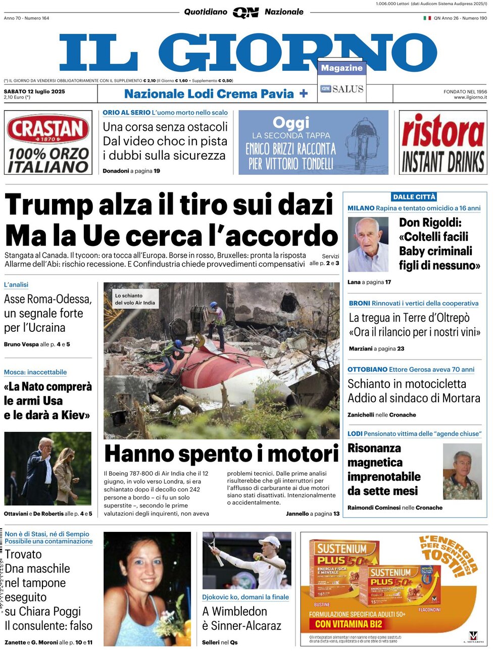 Prima Pagina Il Giorno 12/07/2025