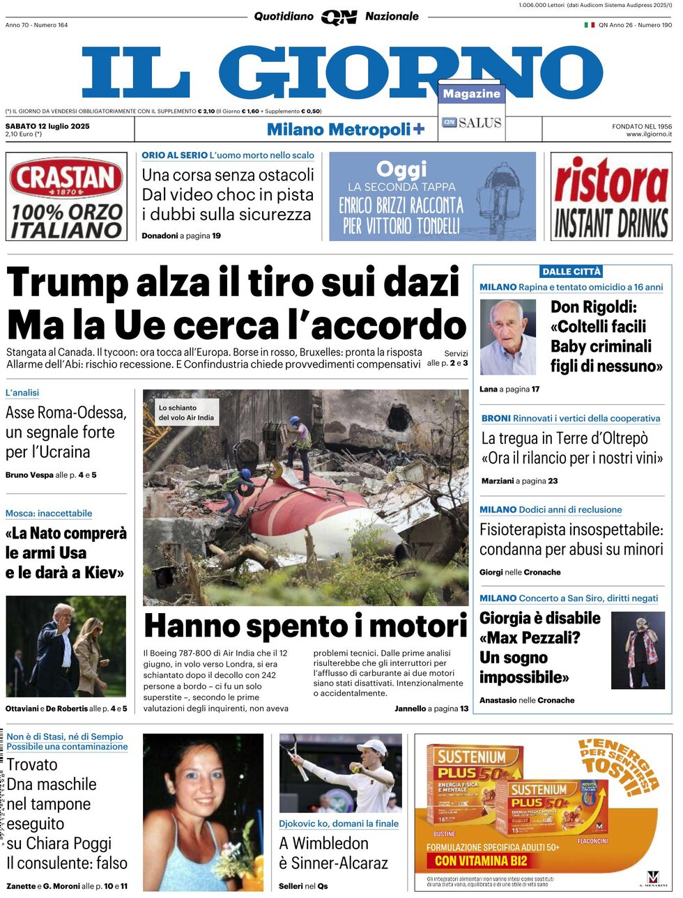 Prima Pagina Il Giorno (Milano Metropoli) 12/07/2025