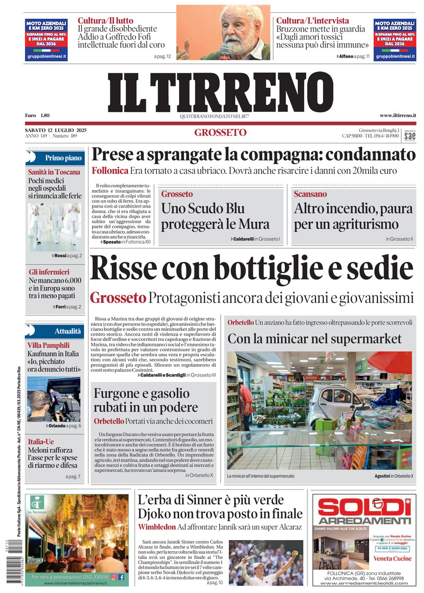Prima Pagina Il Tirreno (Grosseto) 12/07/2025