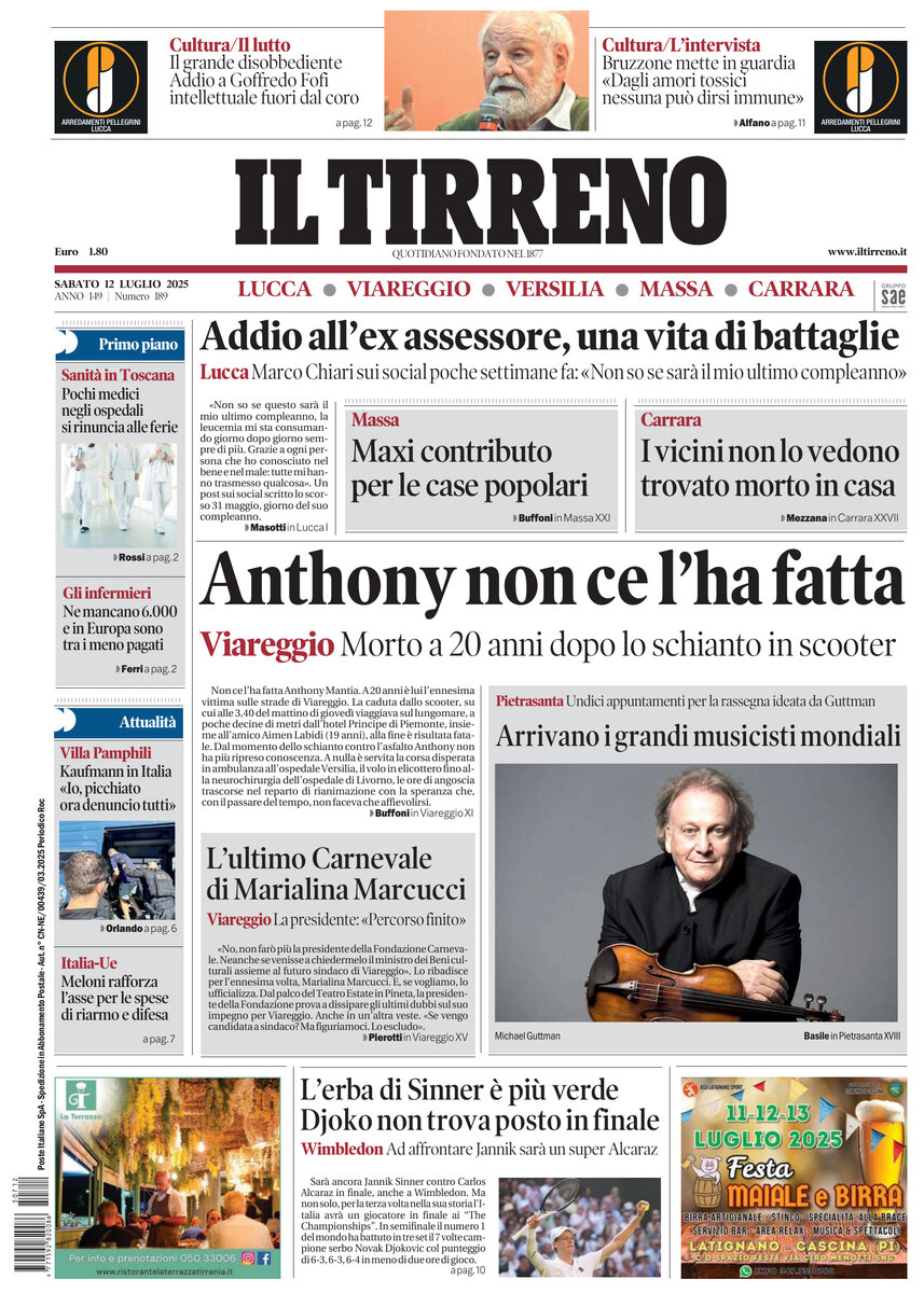 Prima Pagina Il Tirreno (Lucca, Viareggio, Versilia, Massa, Carrara) 12/07/2025
