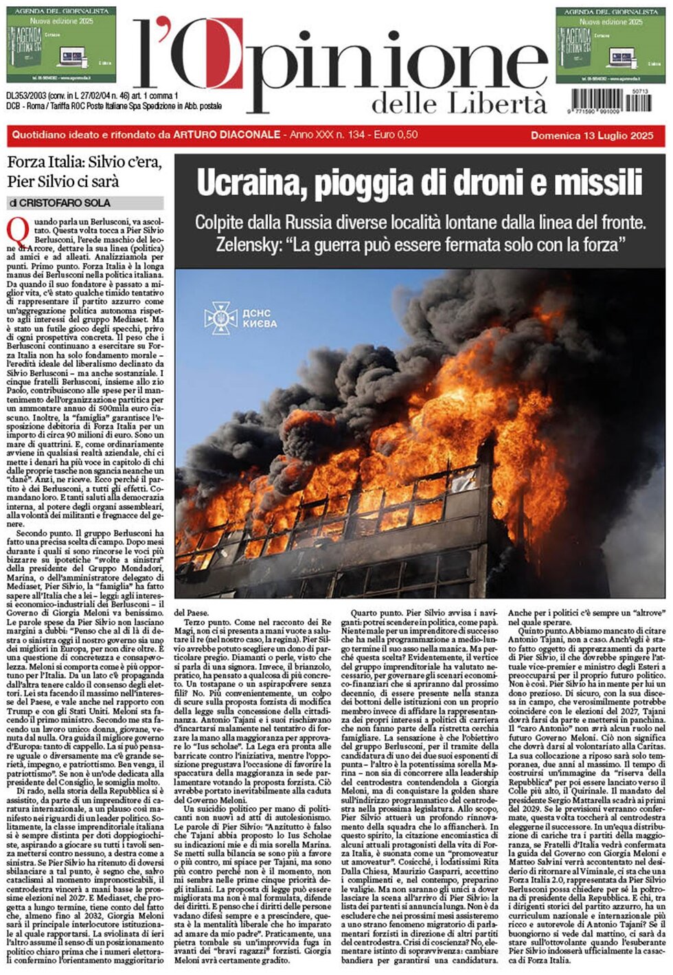 Prima Pagina L'Opinione delle Libertà 13/07/2025