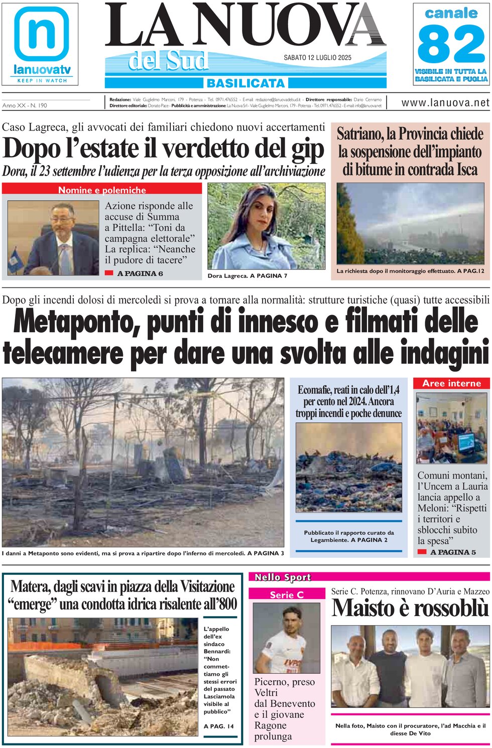 Prima Pagina La Nuova del Sud (Basilicata) 12/07/2025
