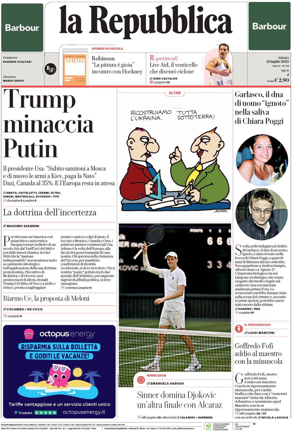 Prima Pagina La Repubblica 12/07/2025