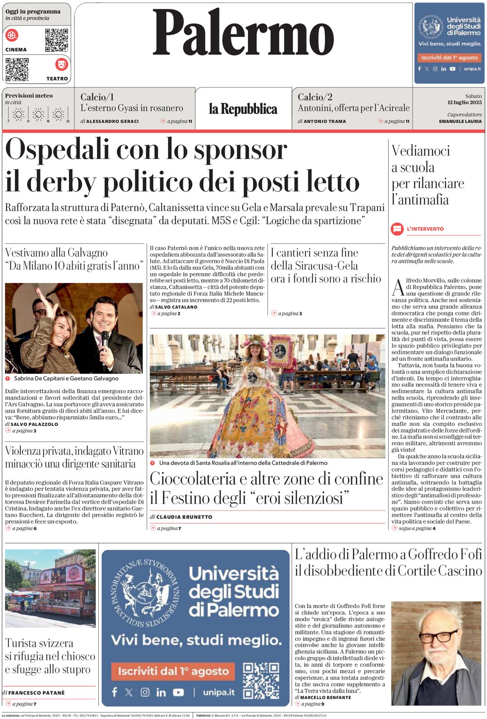 Prima Pagina La Repubblica (Palermo) 12/07/2025