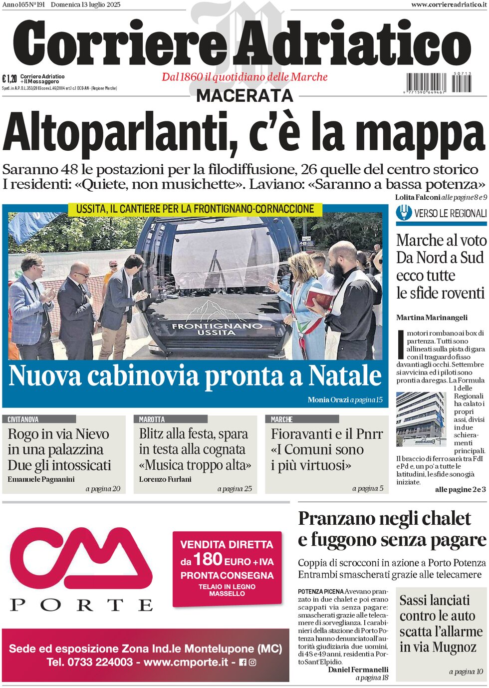 Prima Pagina Corriere Adriatico (Macerata) 13/07/2025