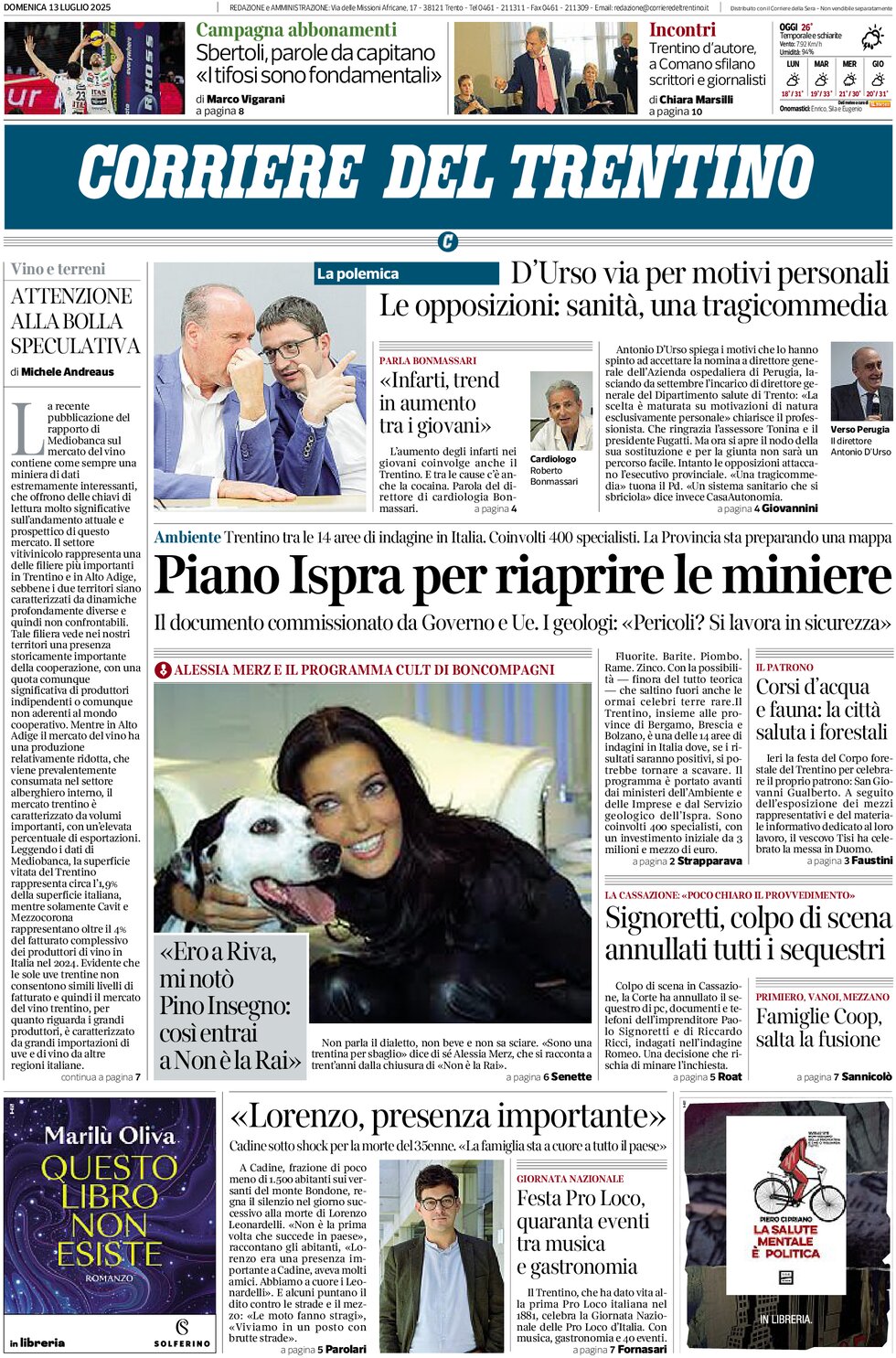 Prima Pagina Corriere del Trentino 13/07/2025