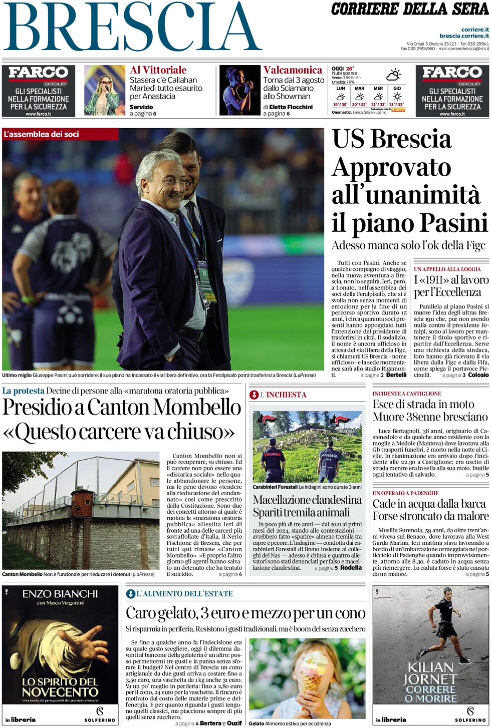 Prima Pagina Corriere della Sera (Brescia) 13/07/2025