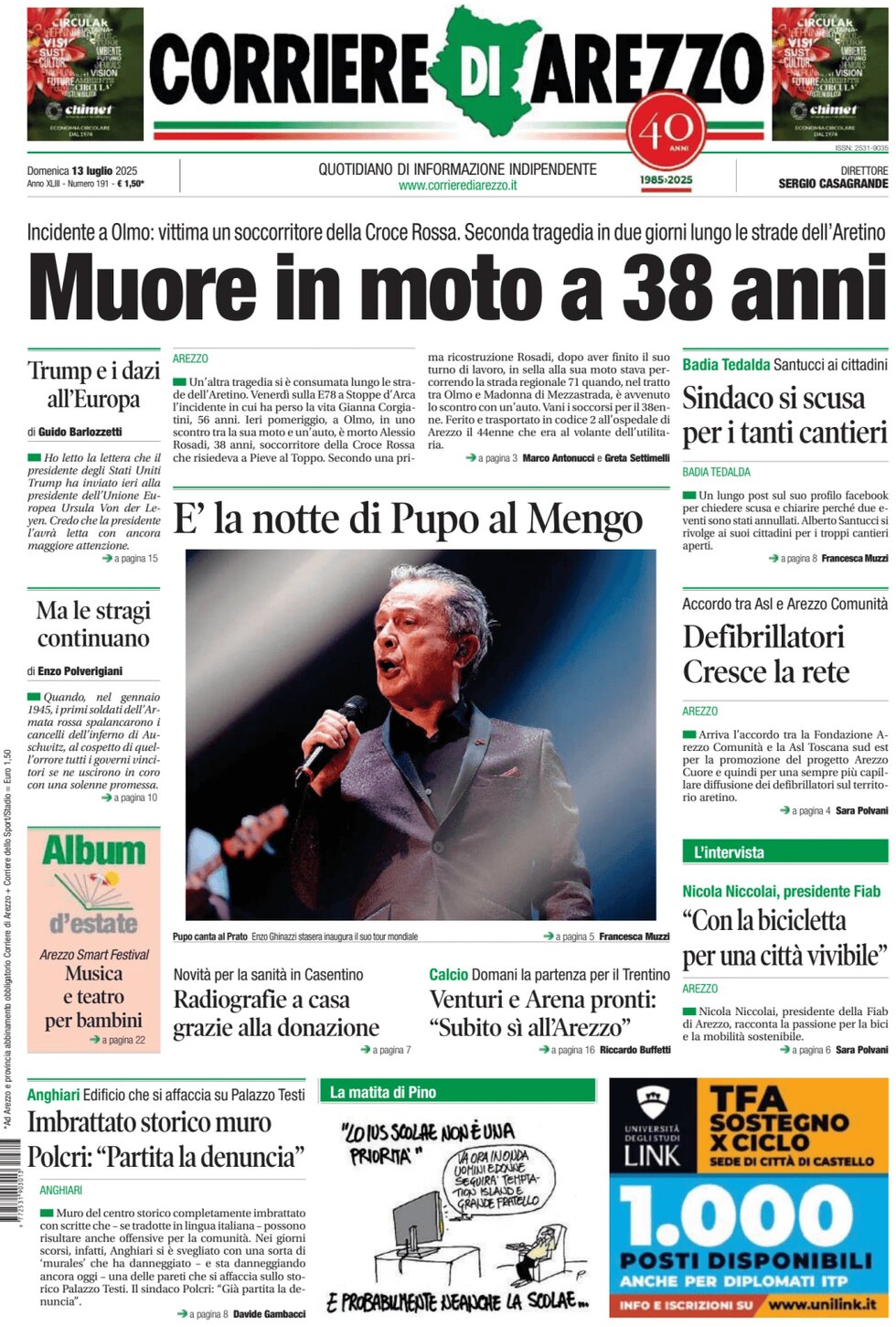 Prima Pagina Corriere di Arezzo 13/07/2025