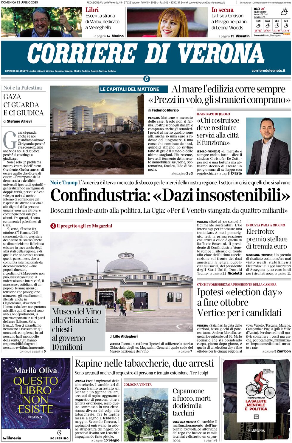 Prima Pagina Corriere di Verona 13/07/2025