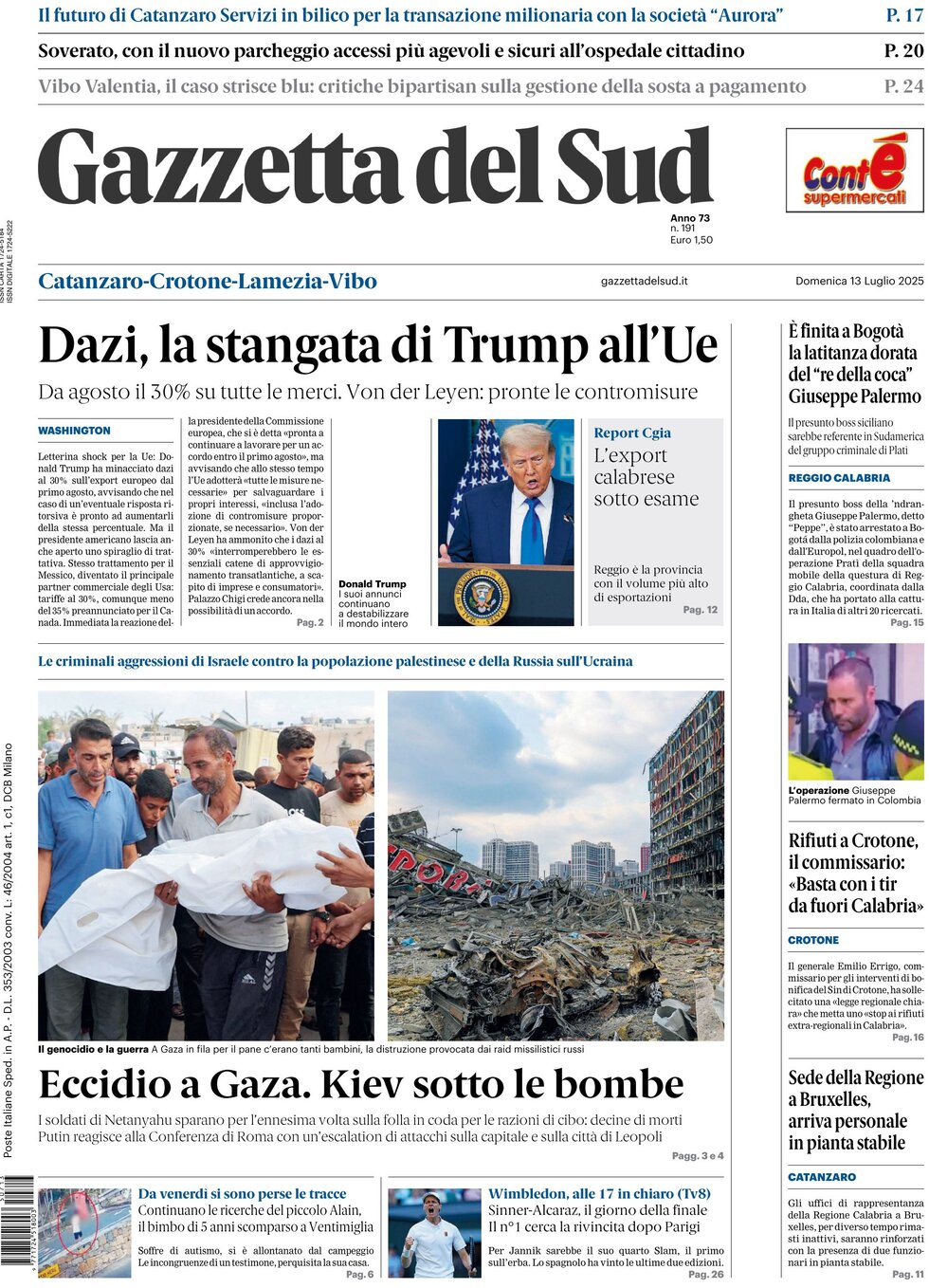 Prima Pagina Gazzetta del Sud (Catanzaro) 13/07/2025