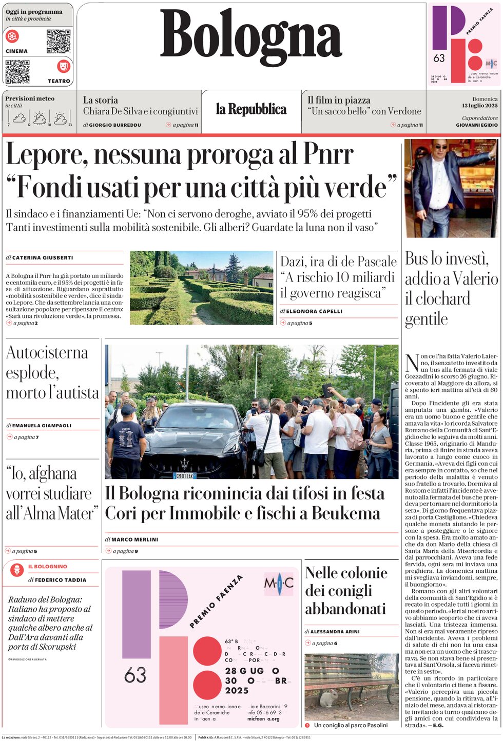 Prima Pagina La Repubblica (Bologna) 13/07/2025