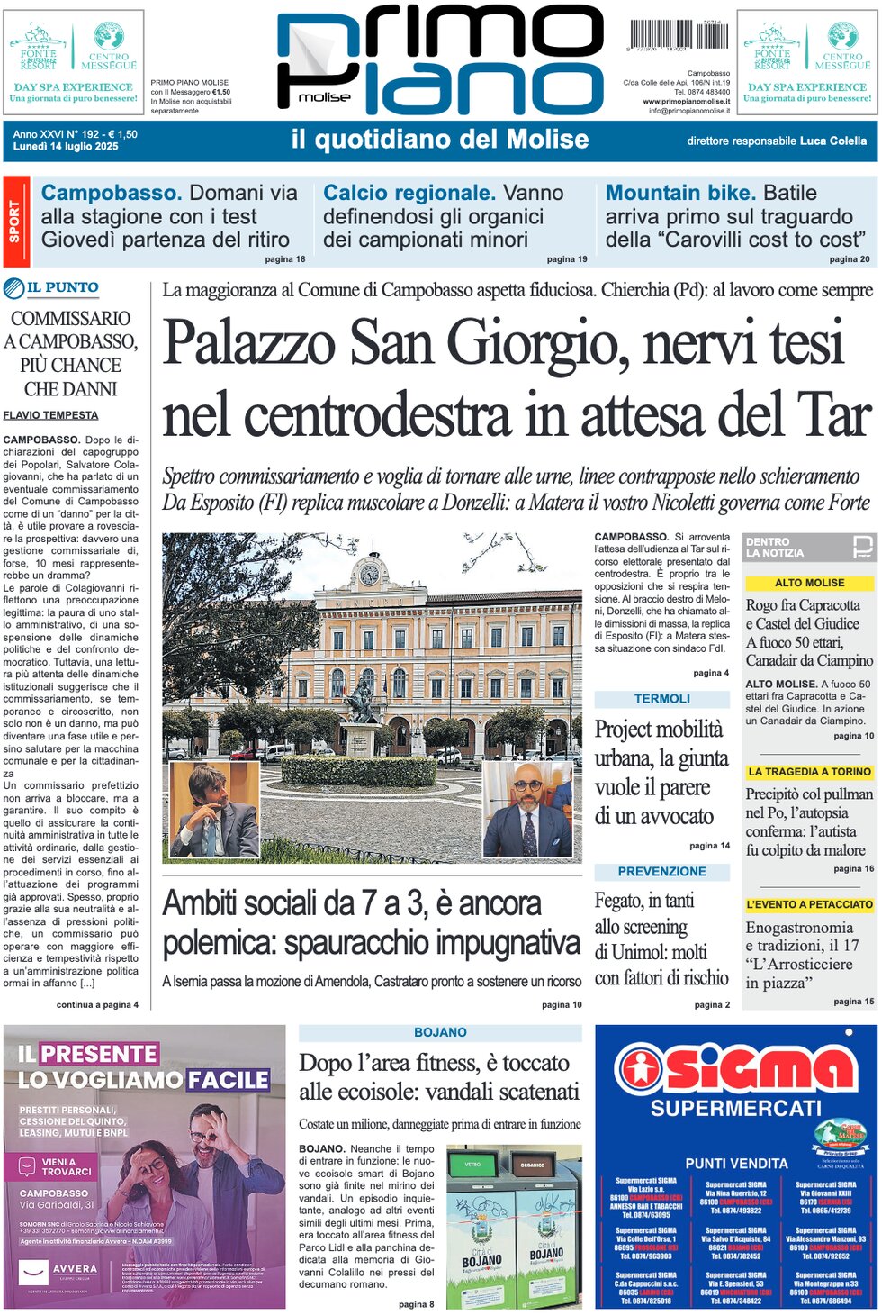 Prima Pagina Primo Piano Molise 14/07/2025