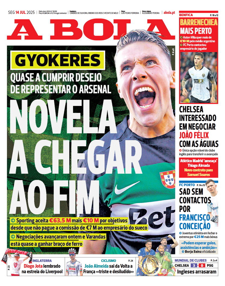 Prima Pagina A Bola 14/07/2025