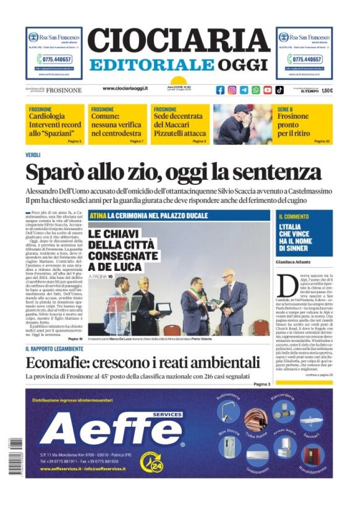 Prima Pagina Ciociaria Editoriale Oggi 14/07/2025