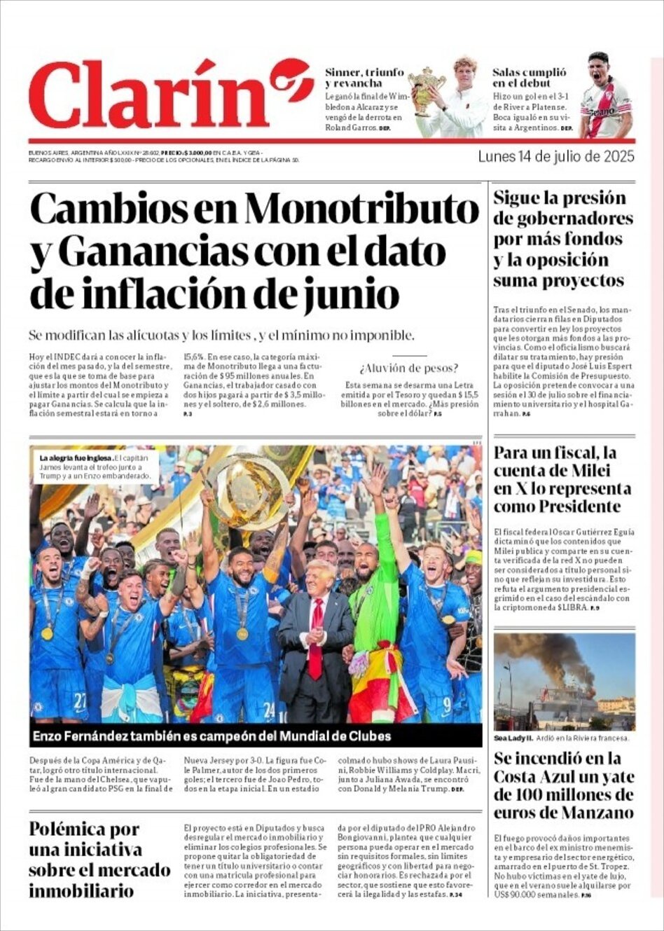 Prima Pagina Clarín 14/07/2025
