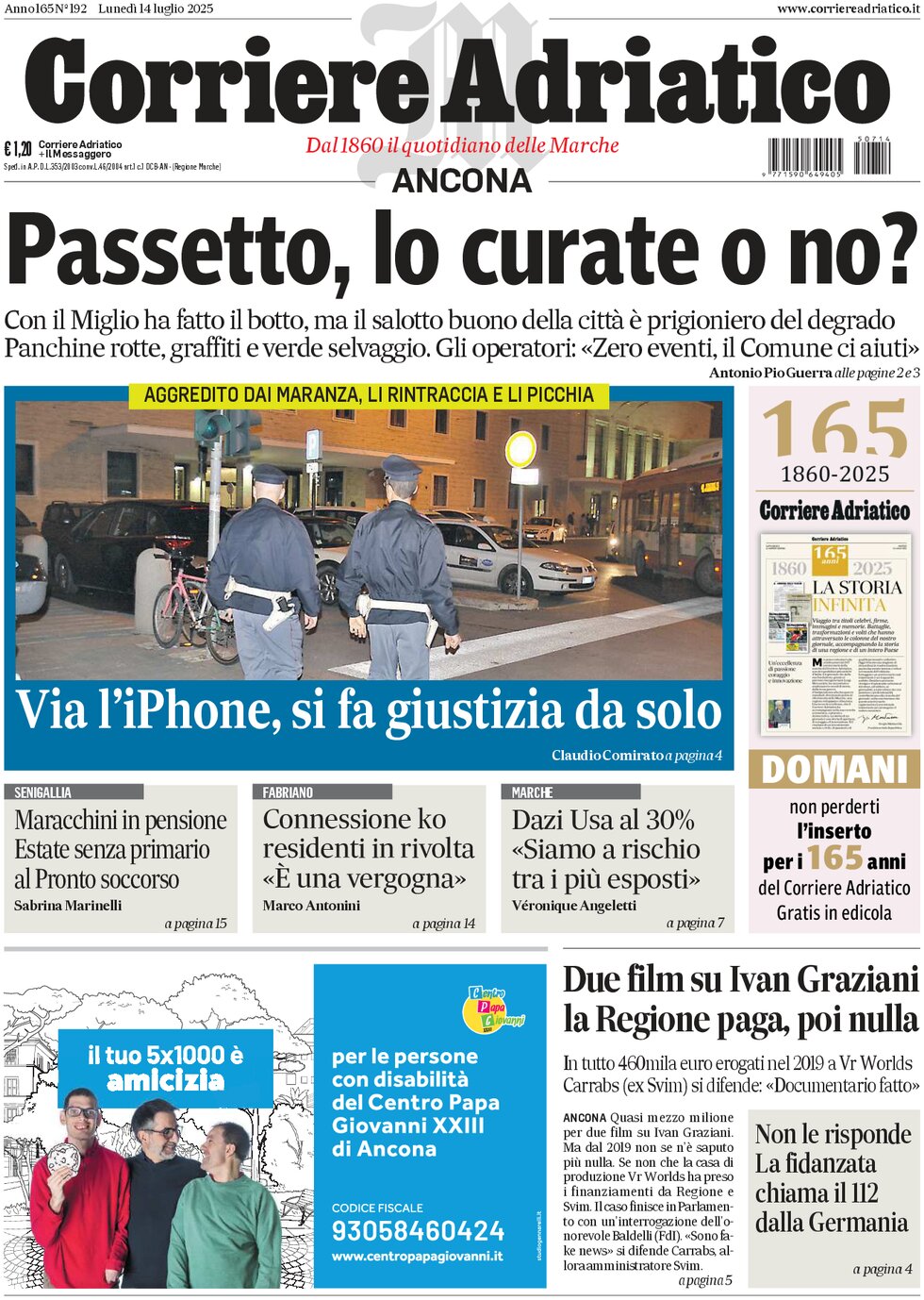 Prima Pagina Corriere Adriatico (Ancona) 14/07/2025