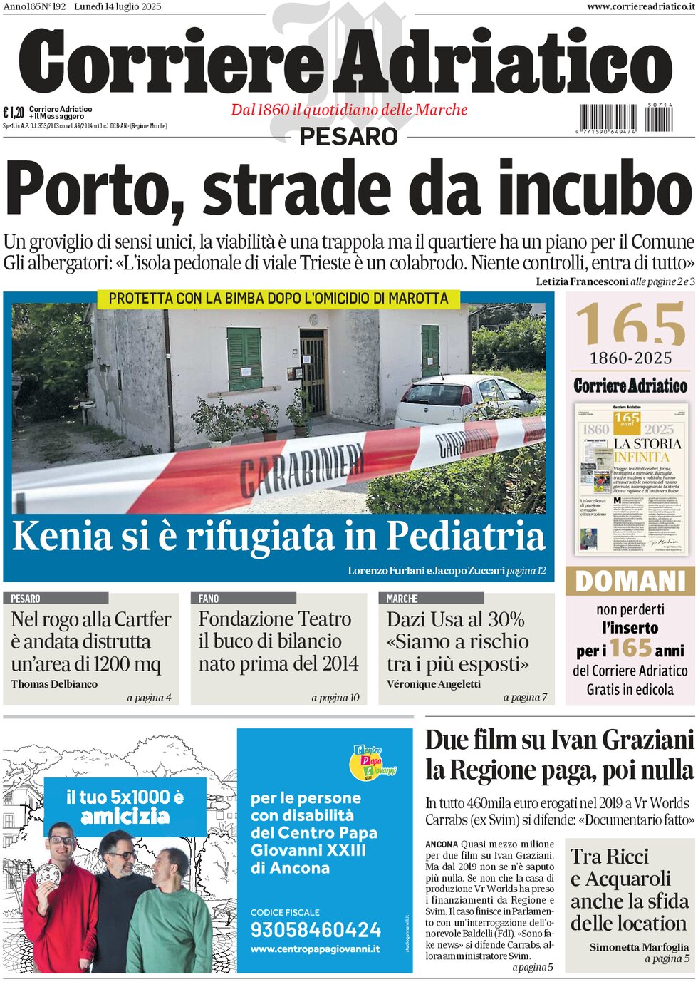 Prima Pagina Corriere Adriatico (Pesaro) 14/07/2025