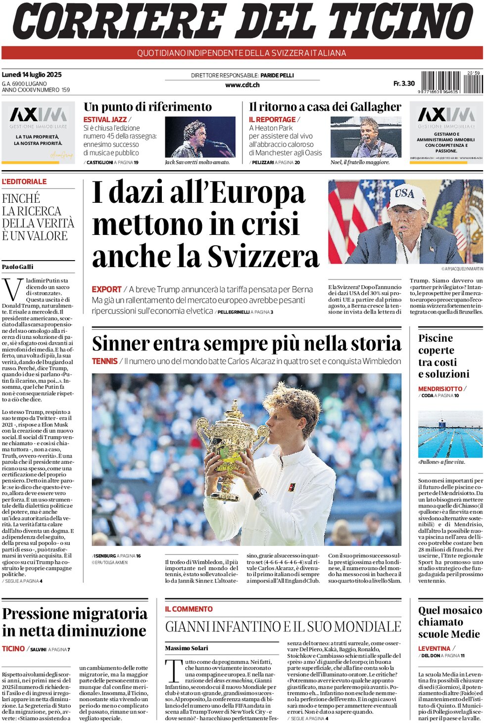 Prima Pagina Corriere del Ticino 14/07/2025