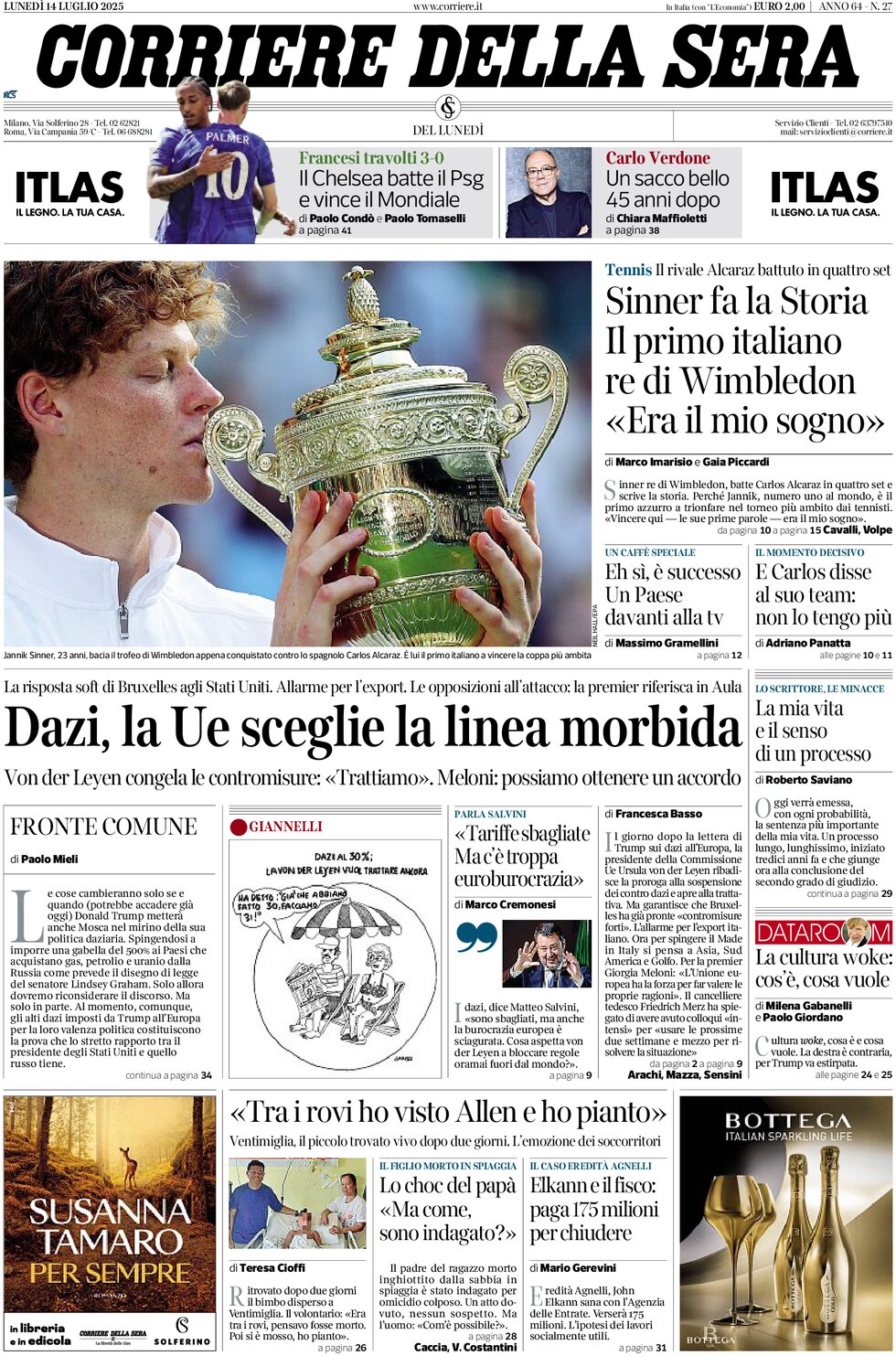 Prima Pagina Corriere della Sera 14/07/2025