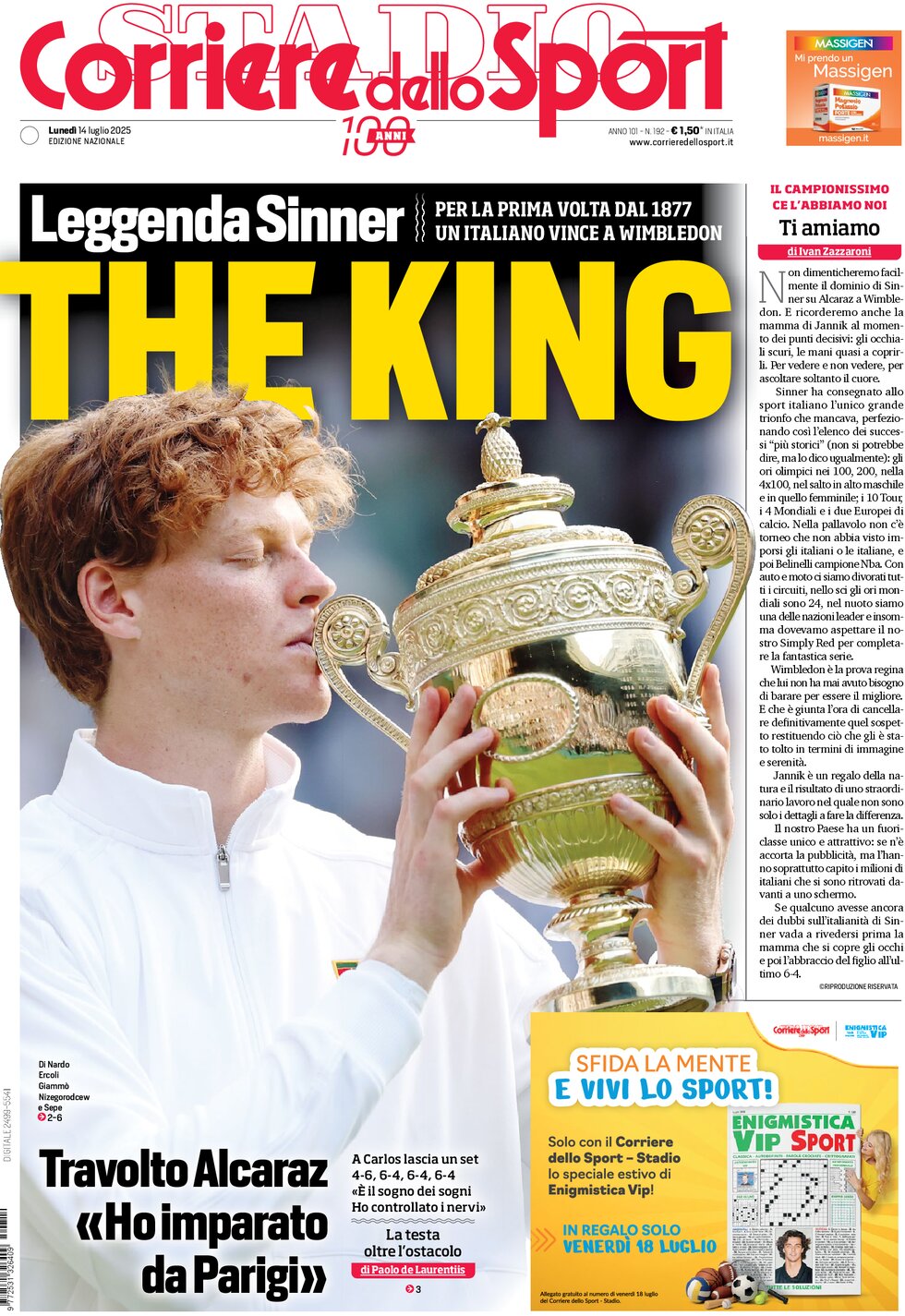 Prima Pagina Corriere dello Sport 14/07/2025