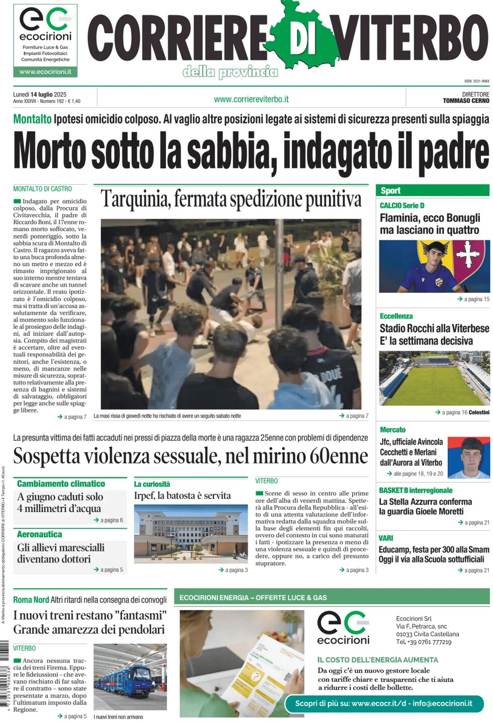 Prima Pagina Corriere di Viterbo 14/07/2025