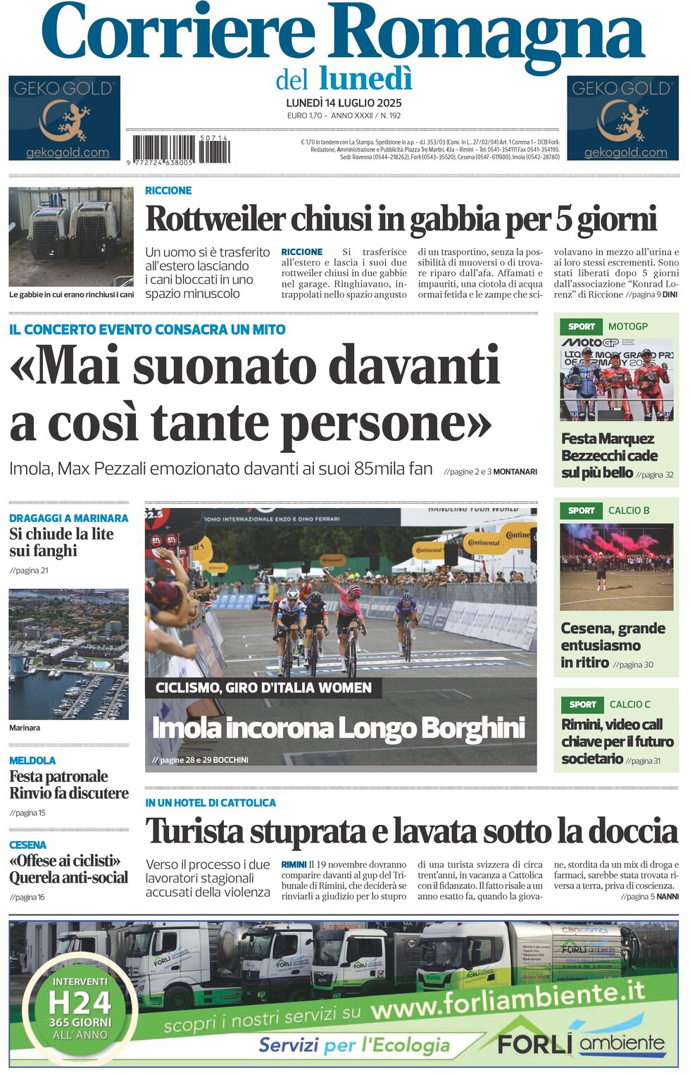 Prima Pagina Corriere Romagna (Rimini e San Marino) 14/07/2025
