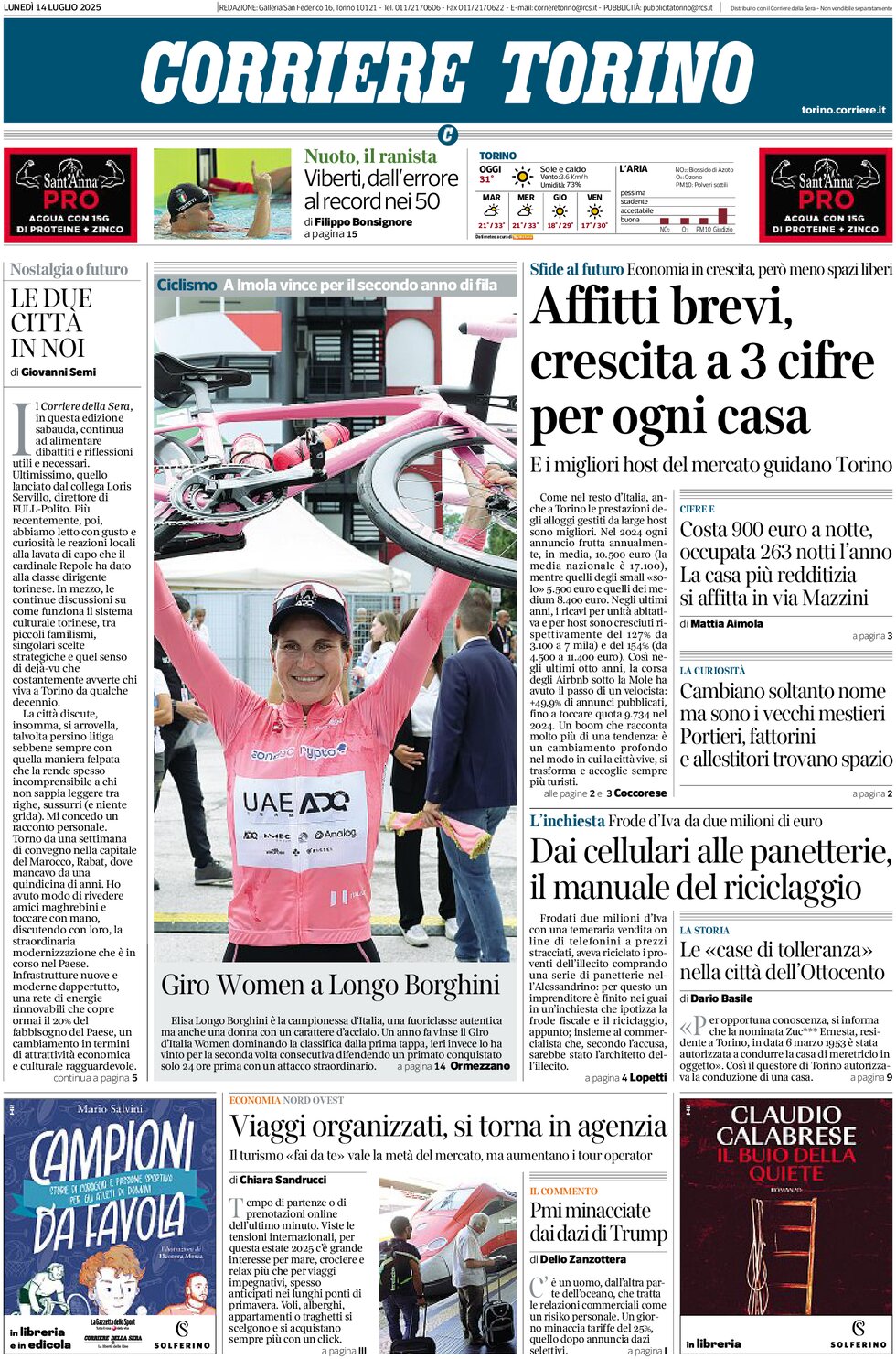 Prima Pagina Corriere Torino 14/07/2025