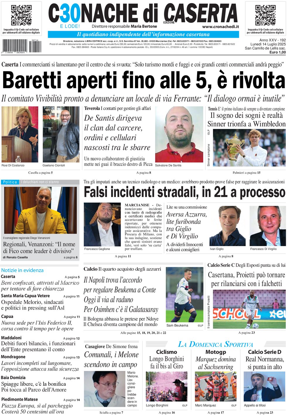 Prima Pagina Cronache di Caserta 14/07/2025