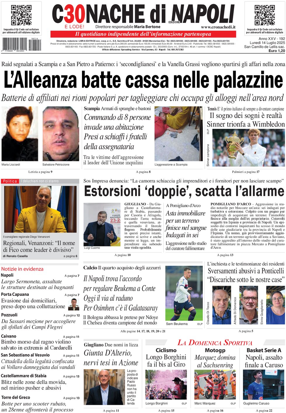 Prima Pagina Cronache di Napoli 14/07/2025