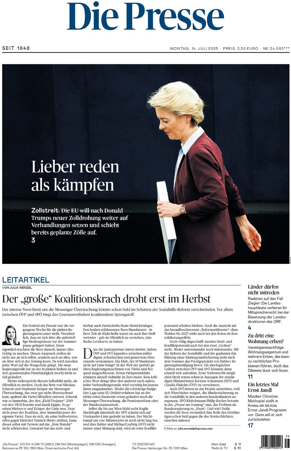 Prima Pagina Die Presse 14/07/2025