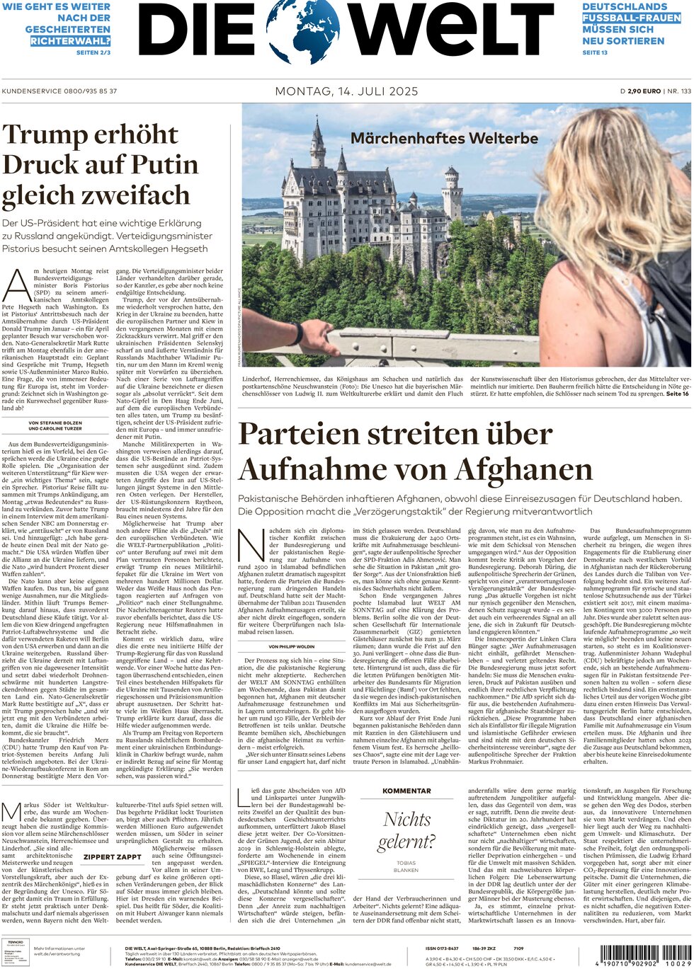 Prima Pagina Die Welt 14/07/2025