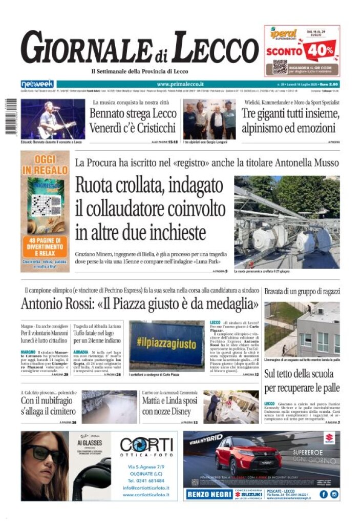 Copertina Giornale di Lecco 14/07/2025