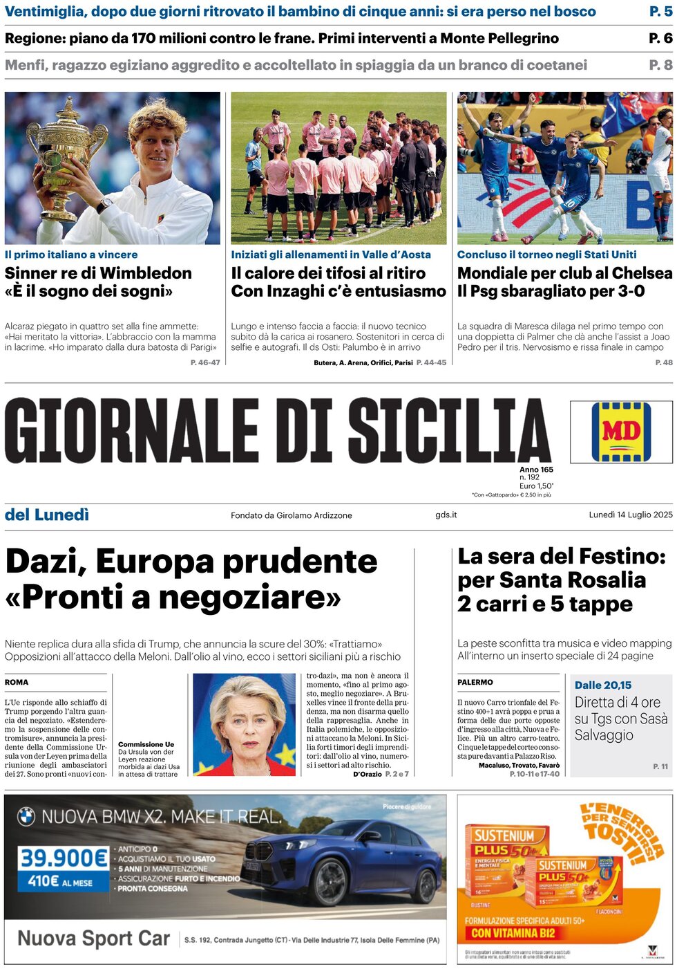 Prima Pagina Giornale di Sicilia (Palermo) 14/07/2025