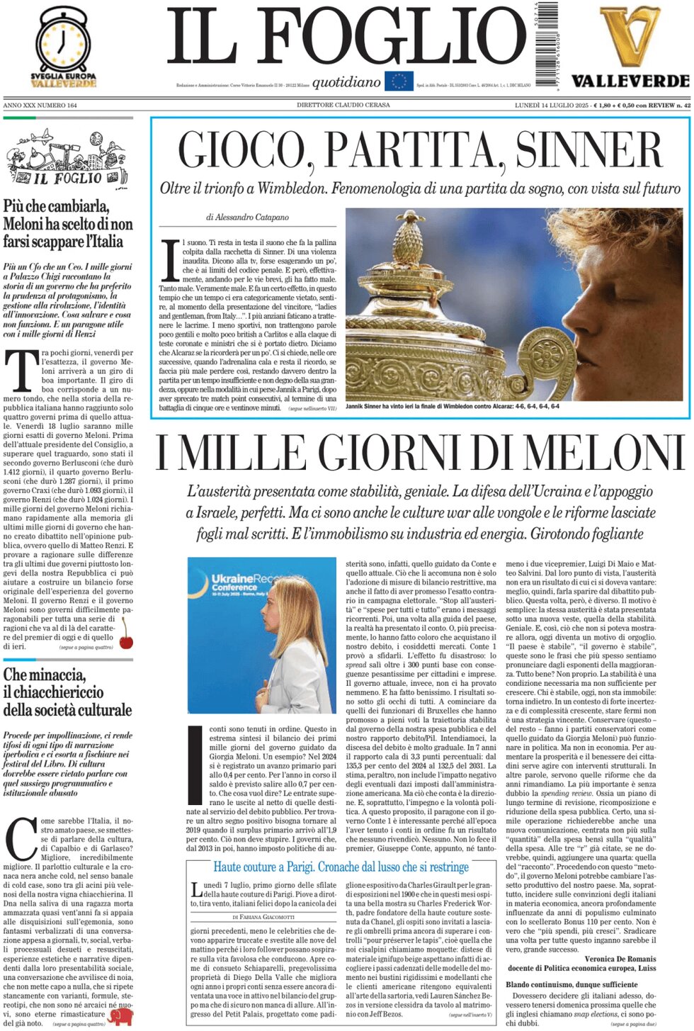 Prima Pagina Il Foglio 14/07/2025