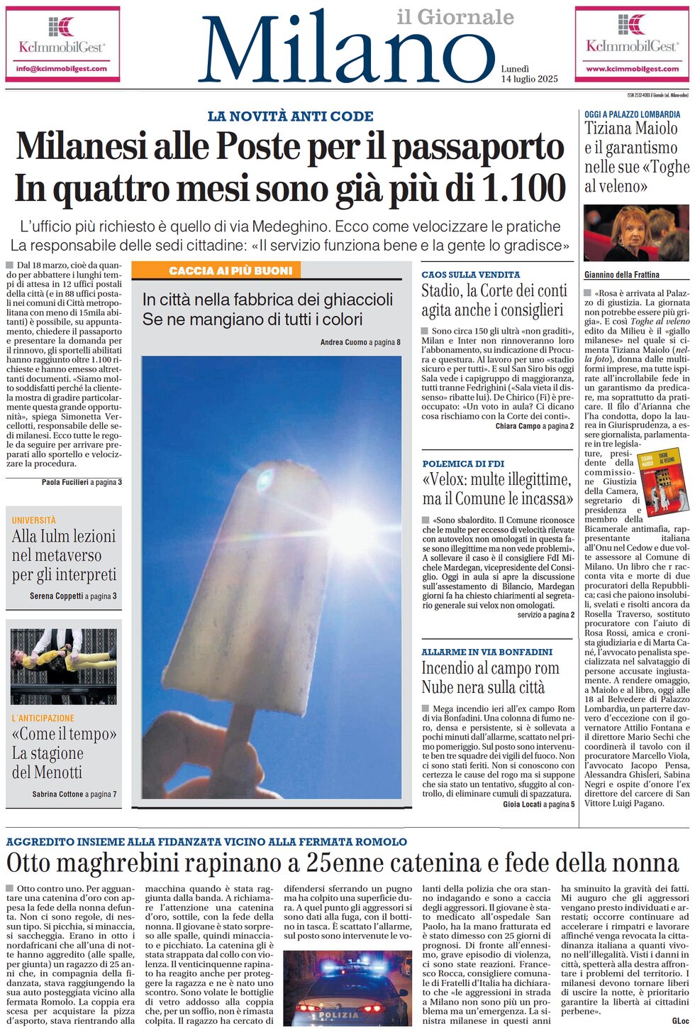 Prima Pagina Il Giornale (Milano) 14/07/2025