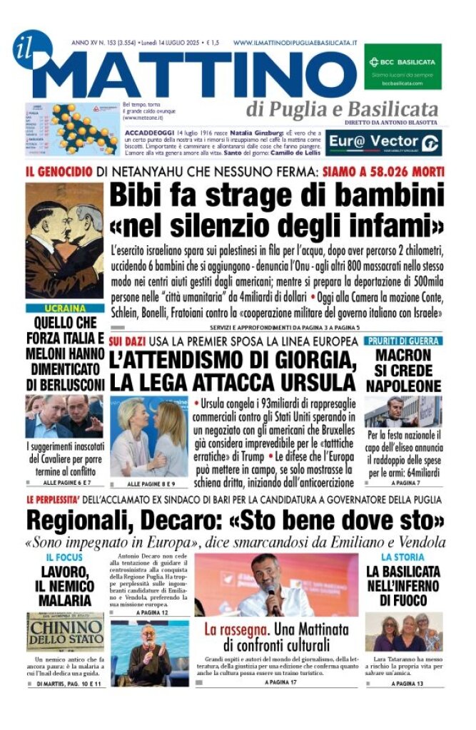 Prima Pagina Il Mattino di Puglia e Basilicata 14/07/2025