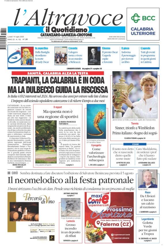 Prima Pagina Il Quotidiano del Sud (Catanzaro) 14/07/2025