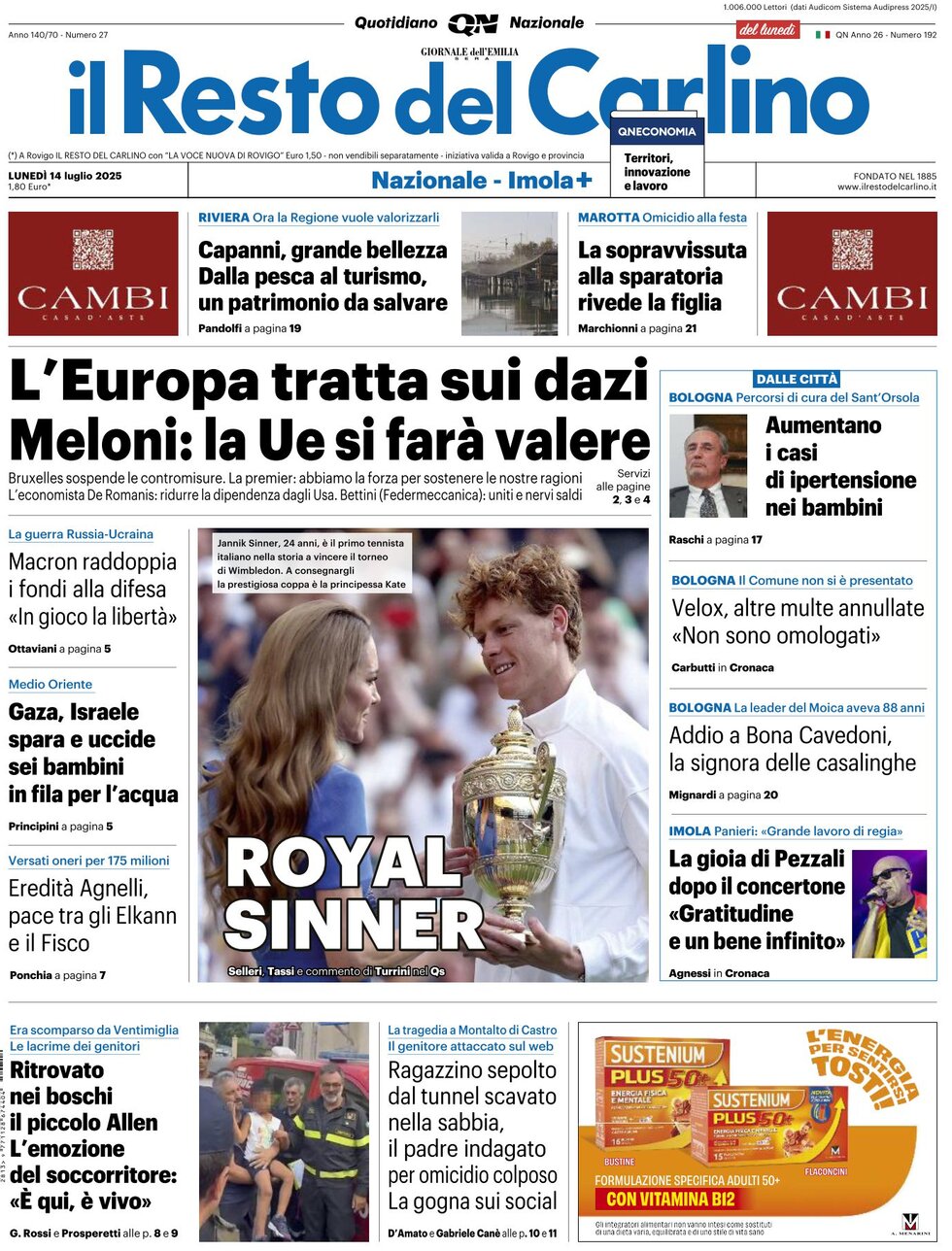 Prima Pagina Il Resto del Carlino 14/07/2025