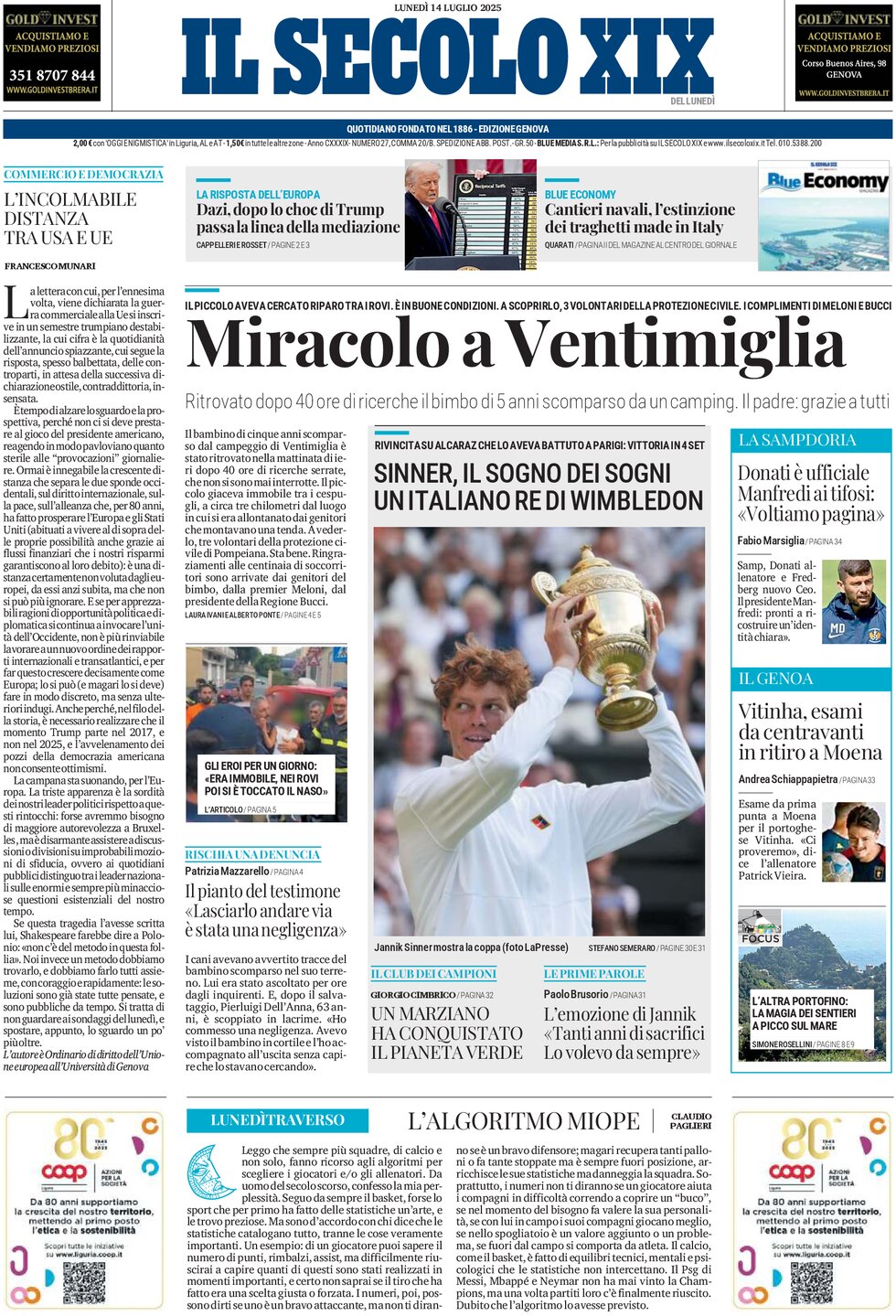 Prima Pagina Il Secolo XIX 14/07/2025