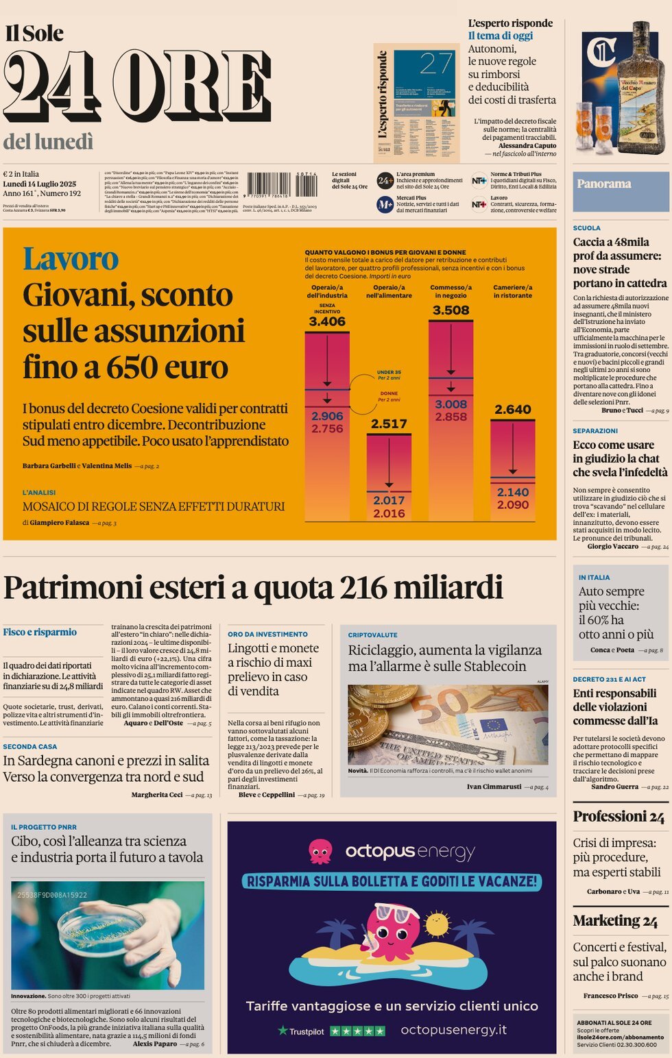 Prima Pagina Il Sole 24 Ore 14/07/2025