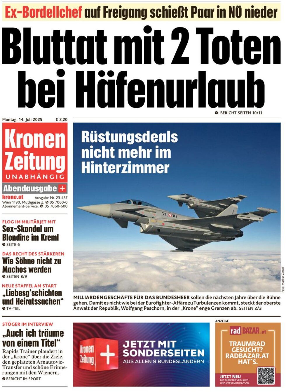 Prima Pagina Kronen Zeitung 14/07/2025