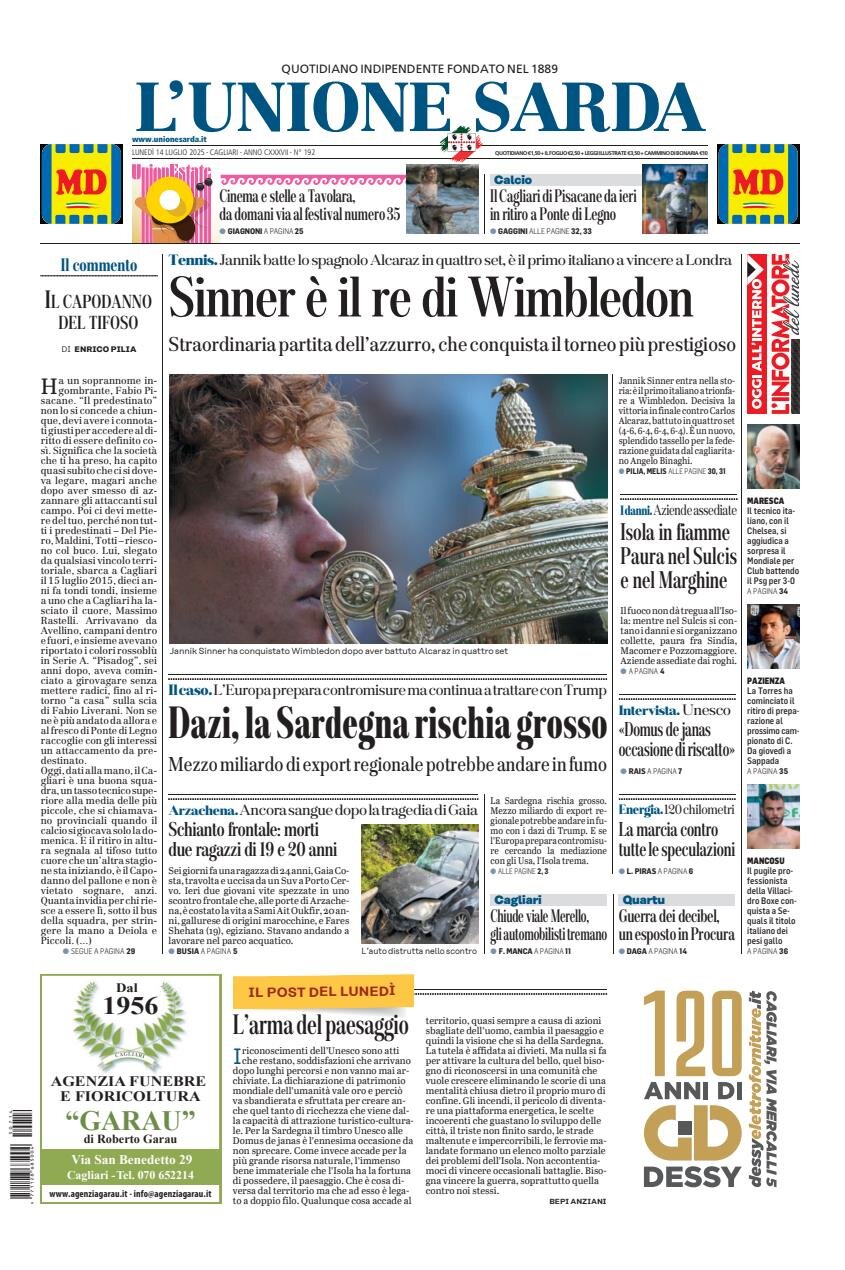 Prima Pagina L'Unione Sarda 14/07/2025