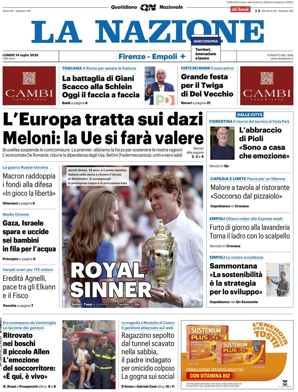 Prima Pagina La Nazione 14/07/2025